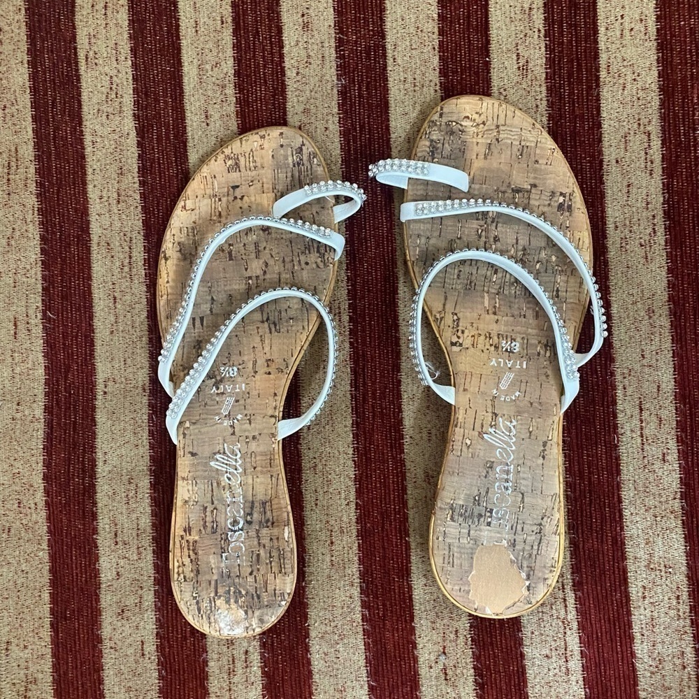 Toscanella, made in Italy, white cork sole with white and rhinestone straps. 8.5